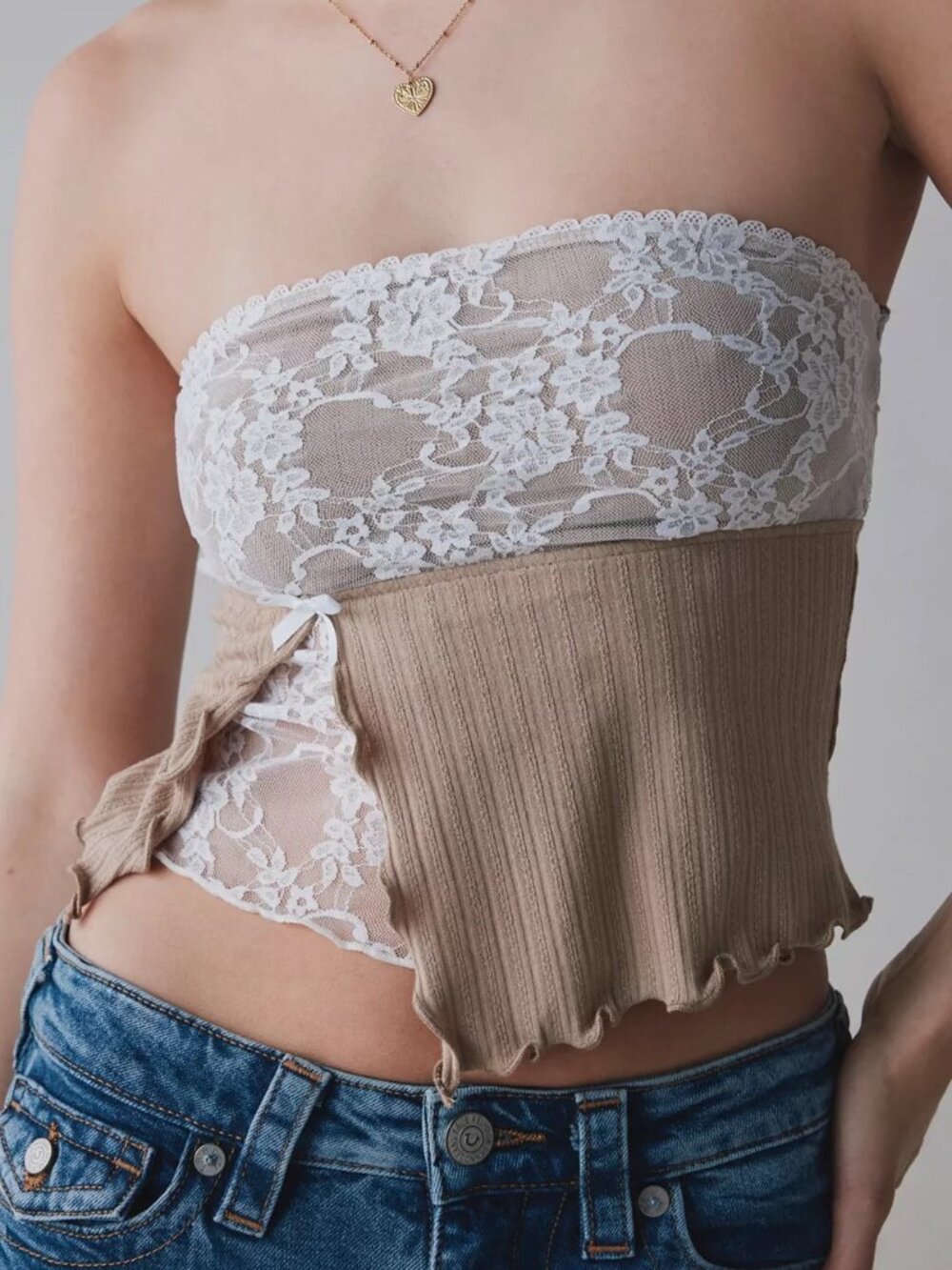 Kimchi Blue Lace Tube Top Sheer Corset Style Knit Panel Coquette XL